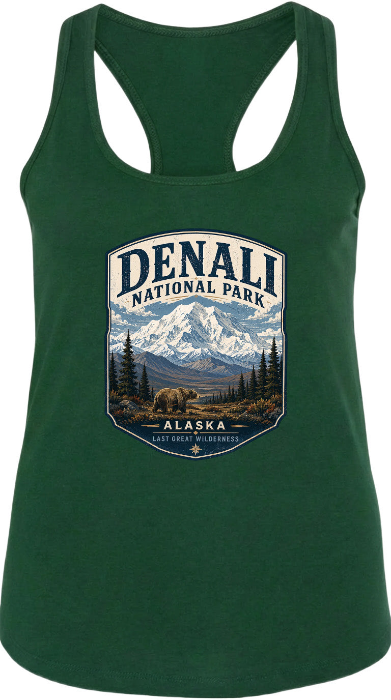A green tank top with a graphic design depicting Denali National Park and Alaska.