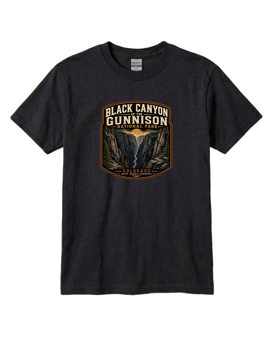 A black t-shirt with a graphic design depicting the Black Canyon of the Gunnison National Park.