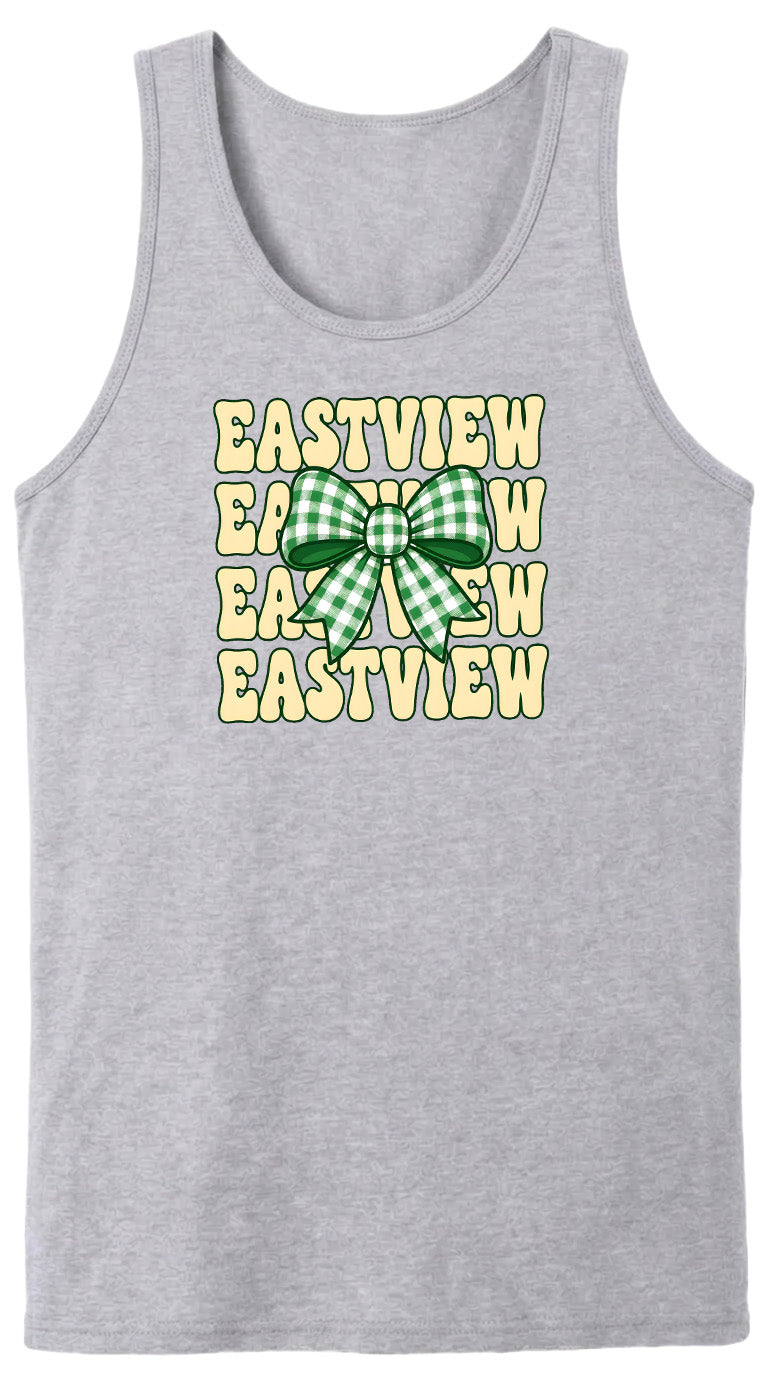 A gray tank top with a green and white checkered bow and the text "EASTVIEW" repeated in a vertical pattern.