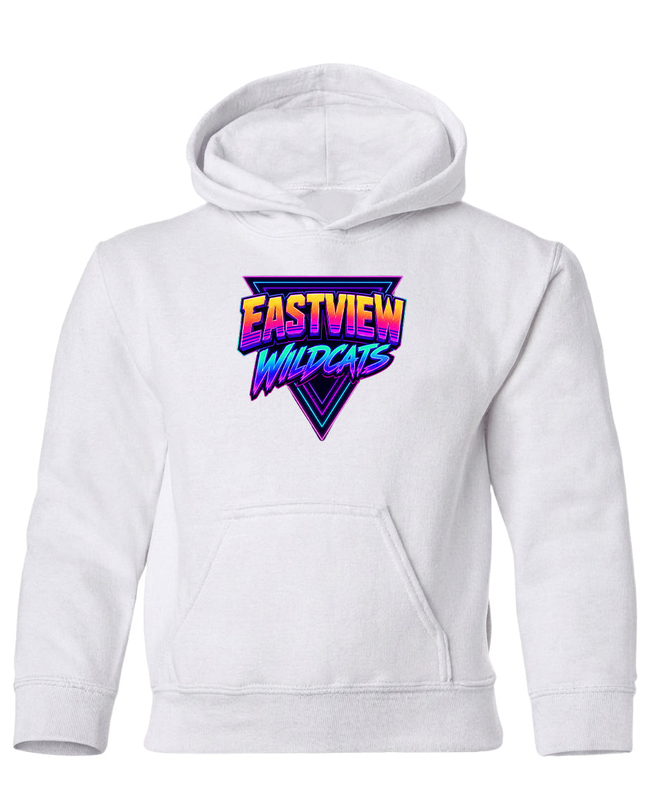 A white hoodie with a graphic design featuring the text "EASTVIEW WILDCATS" in a colorful, retro-style font.
