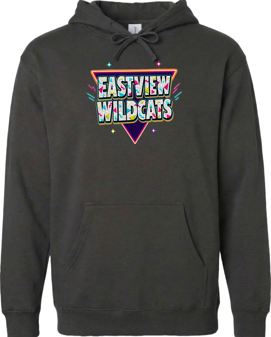 A black hoodie with a colorful graphic design on the front.
