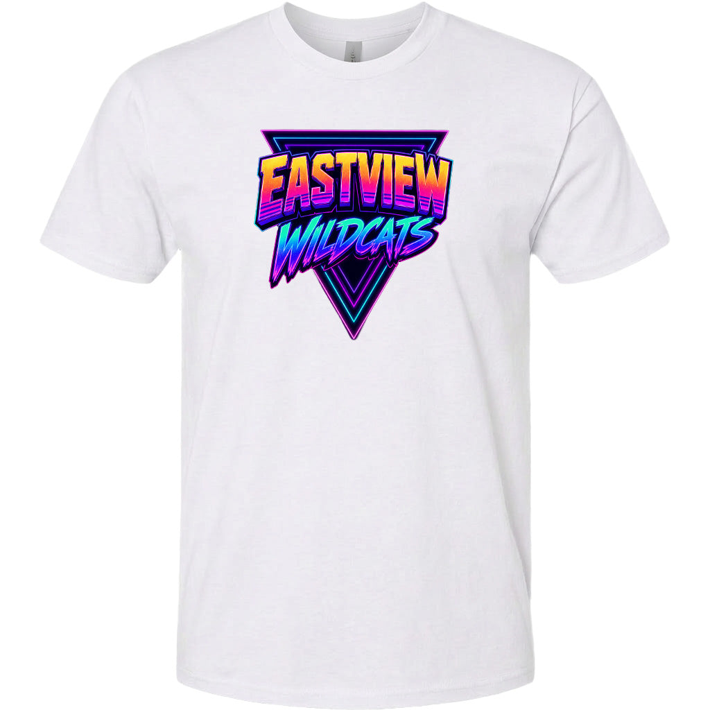 A white t-shirt with a graphic design featuring the text "EASTVIEW WILDCATS" in a colorful, retro-style font.