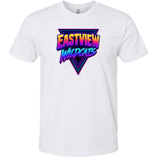 A white t-shirt with a graphic design featuring the text "EASTVIEW WILDCATS" in a colorful, retro-style font.