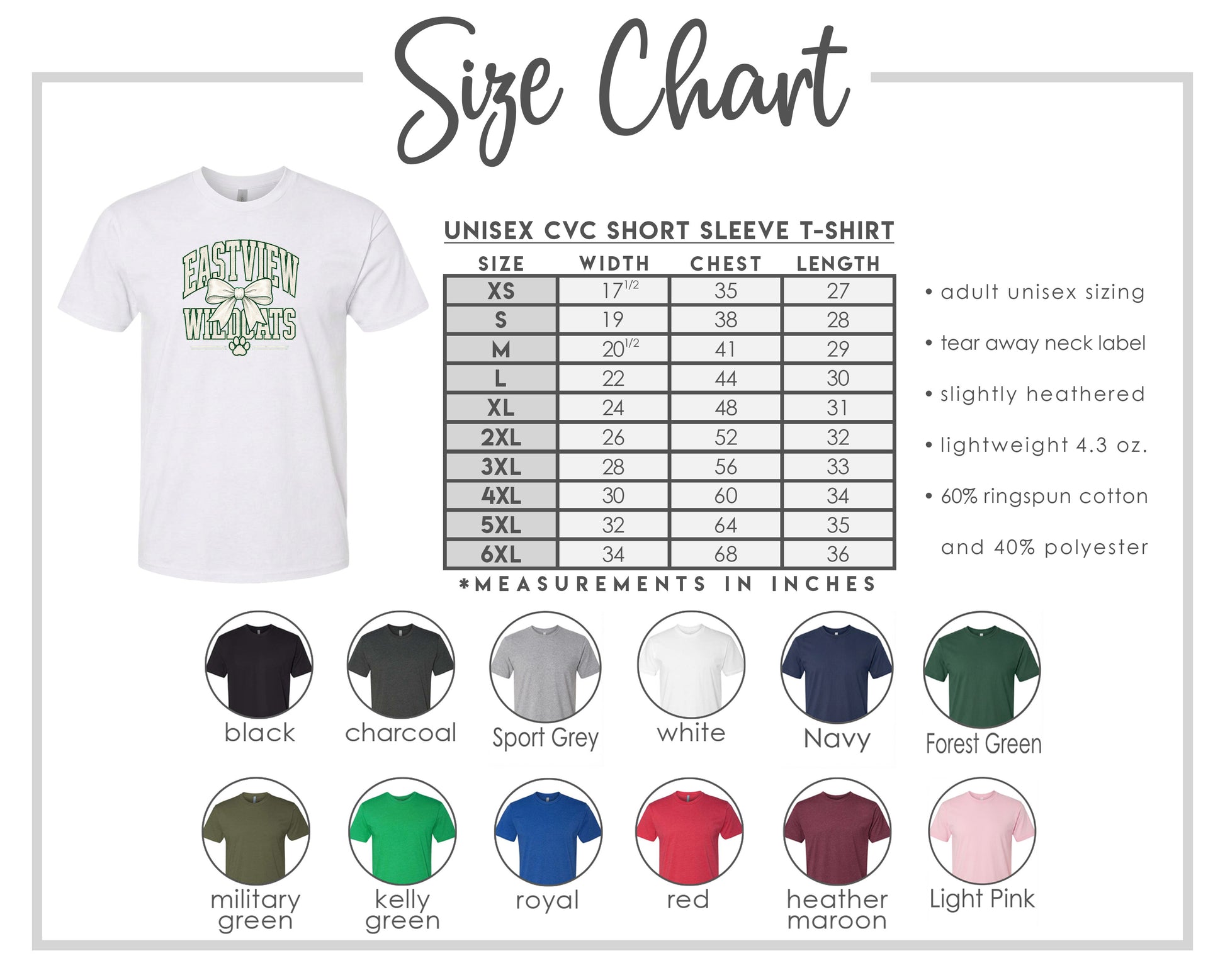 The image is a size chart for a white short sleeve t-shirt, including various color options and corresponding measurements in inches.
