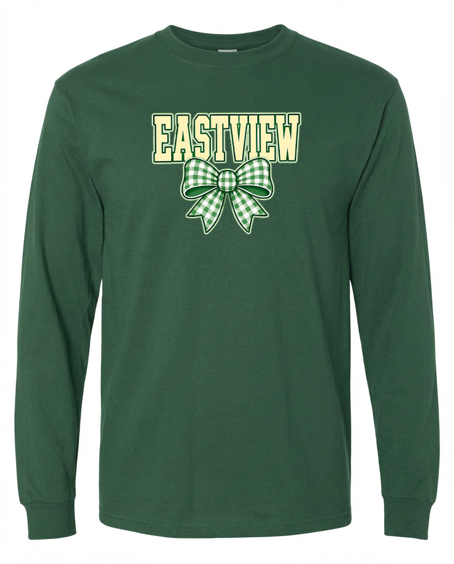 A green long-sleeved t-shirt with a bow and the word "EASTVIEW" printed on it.