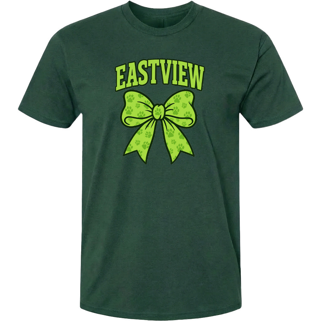 A dark green t-shirt with a large green bow and the word "EASTVIEW" printed on it.