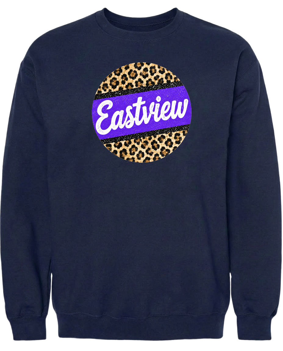A navy blue sweatshirt with a large purple and leopard print circle on the front.