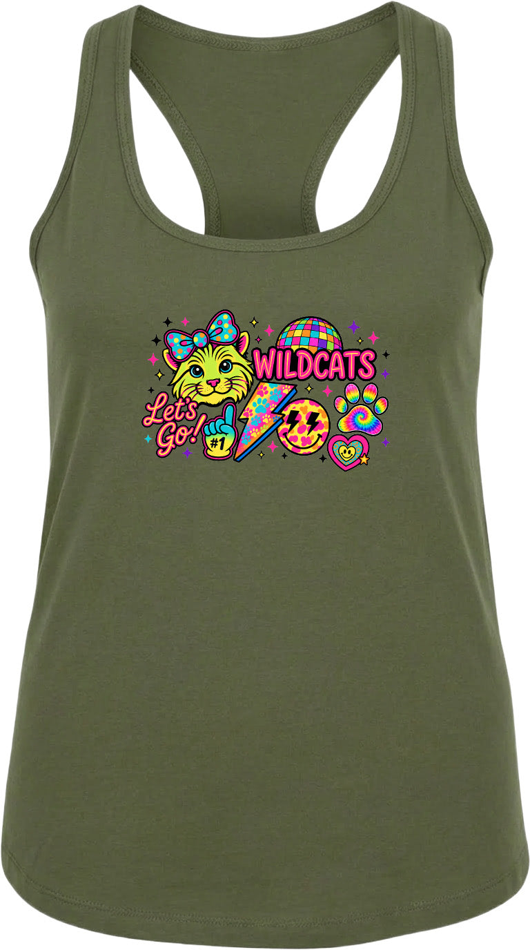 A green tank top with a colorful graphic design featuring a cat, a peace sign, and the text "Wildcats" along with a rainbow-colored lightning bolt.