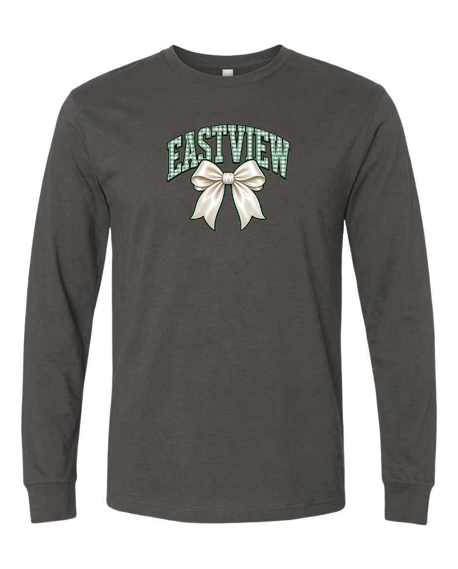 A gray long-sleeved t-shirt with a graphic design on the front. The design features a white bow and the text "EASTVIEW" written in a stylized font.