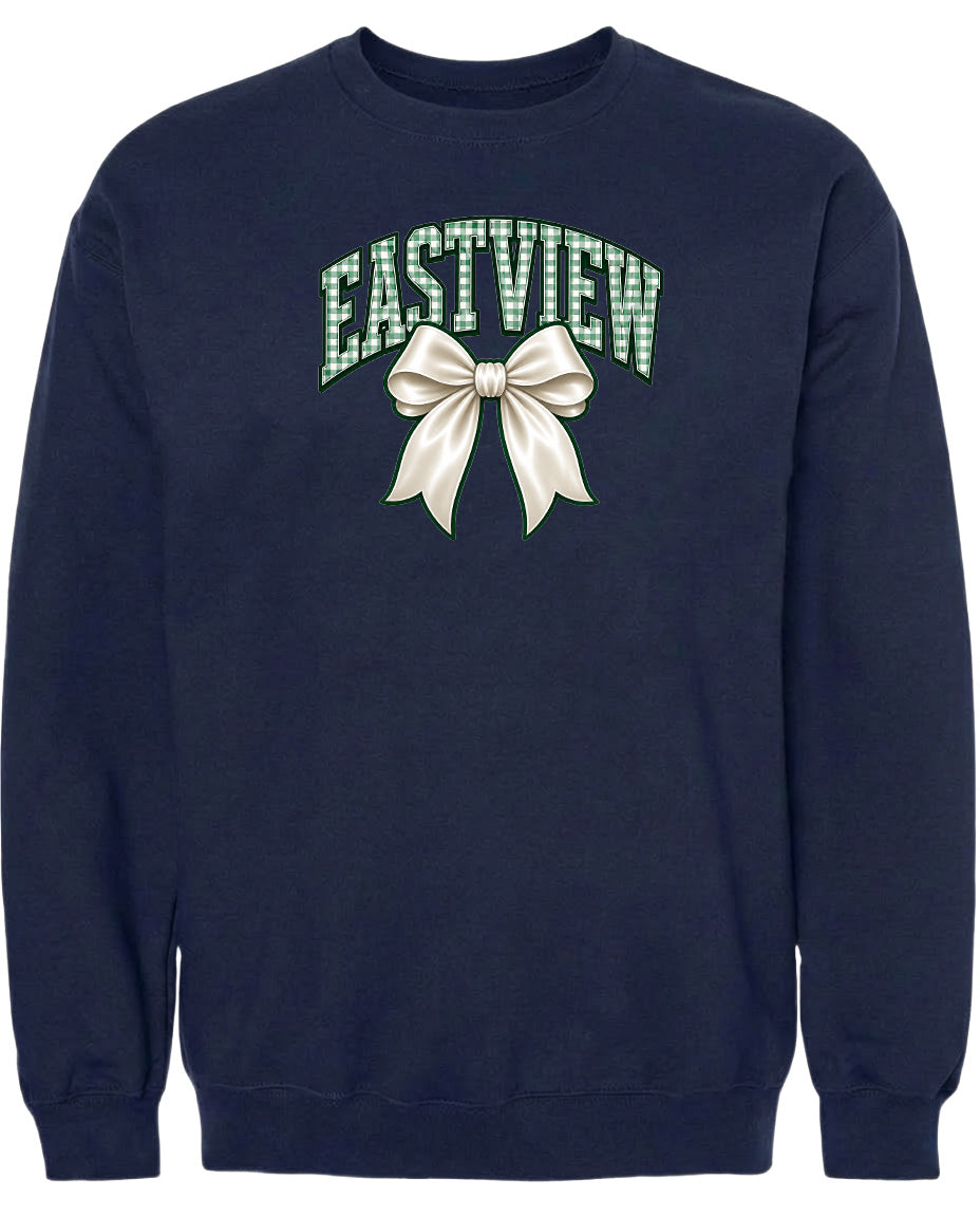A navy blue sweatshirt with a graphic design on the front. The design features a white bow and the word "EASTVIEW" written in green letters.