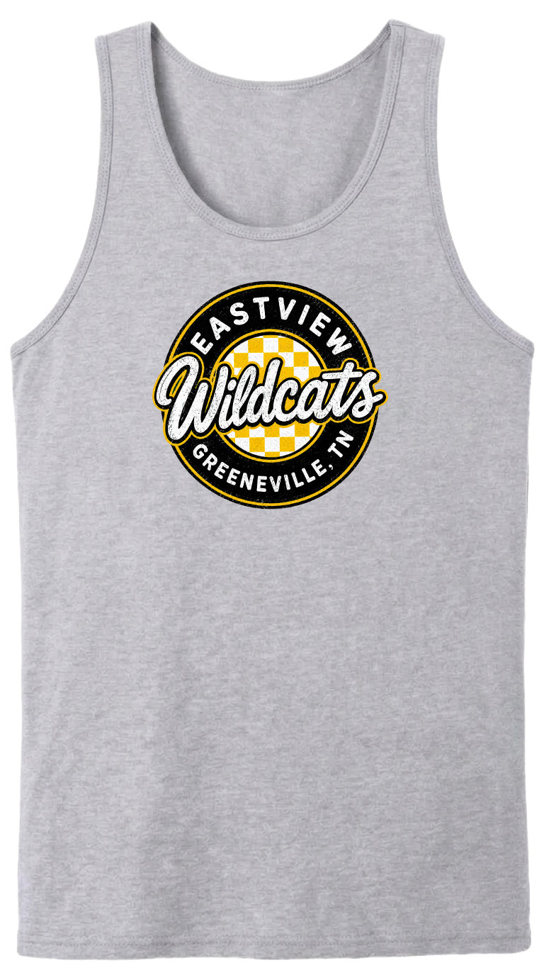 A gray tank top with a circular logo that says "EASTVIEW Wildcats Greeneville, TN".