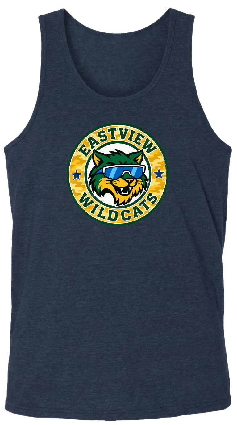 A navy blue tank top with a graphic design featuring a cartoon cat wearing sunglasses and the text "EASTVIEW WILDCATS" around it.