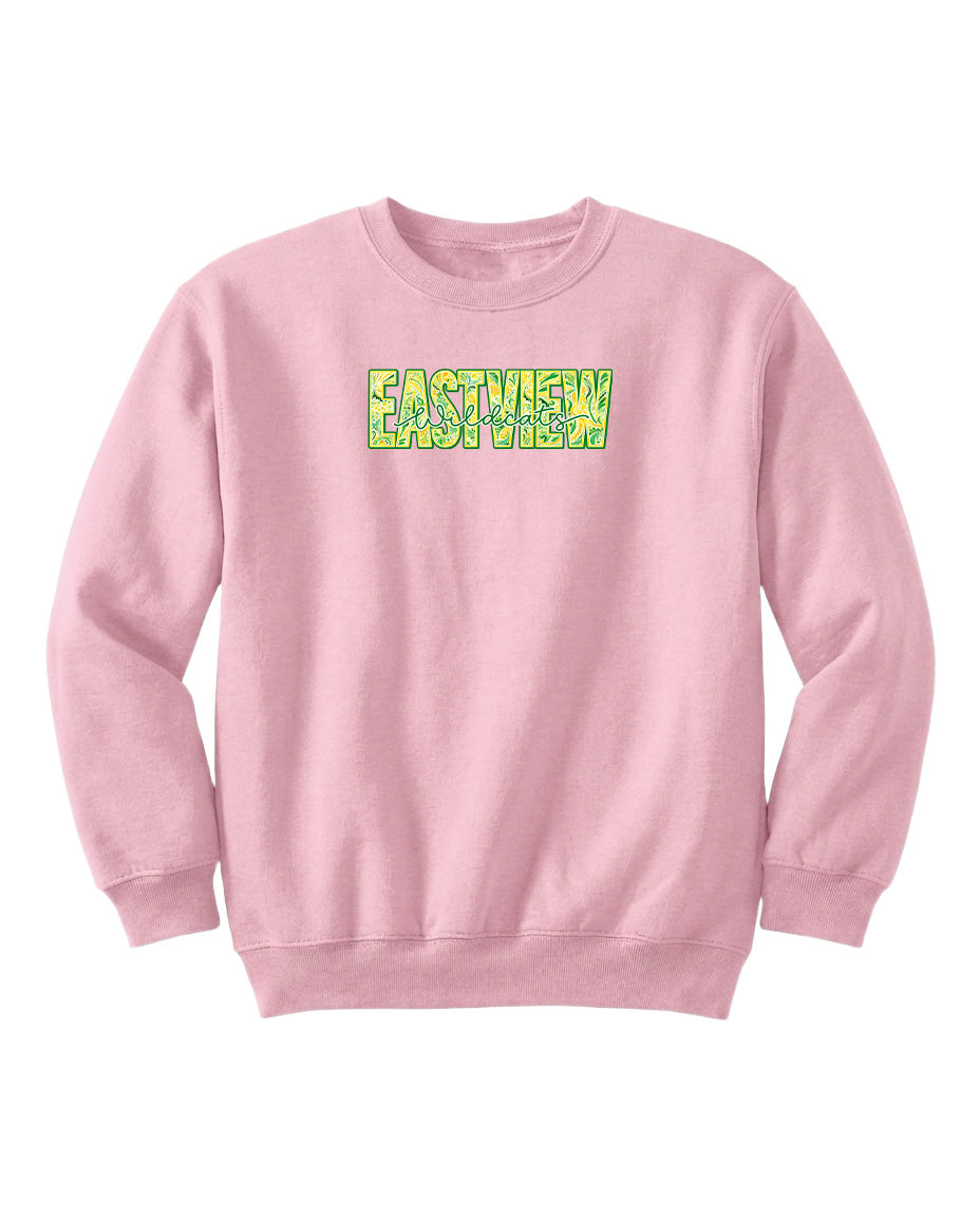 A pink sweatshirt with the word "EASTVIEW" printed on it in green and yellow text.