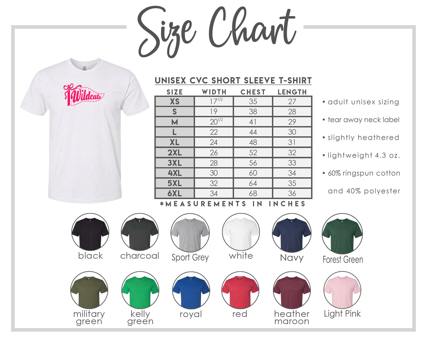 The image is a size chart for a white short sleeve t-shirt, including various color options and corresponding measurements in inches.