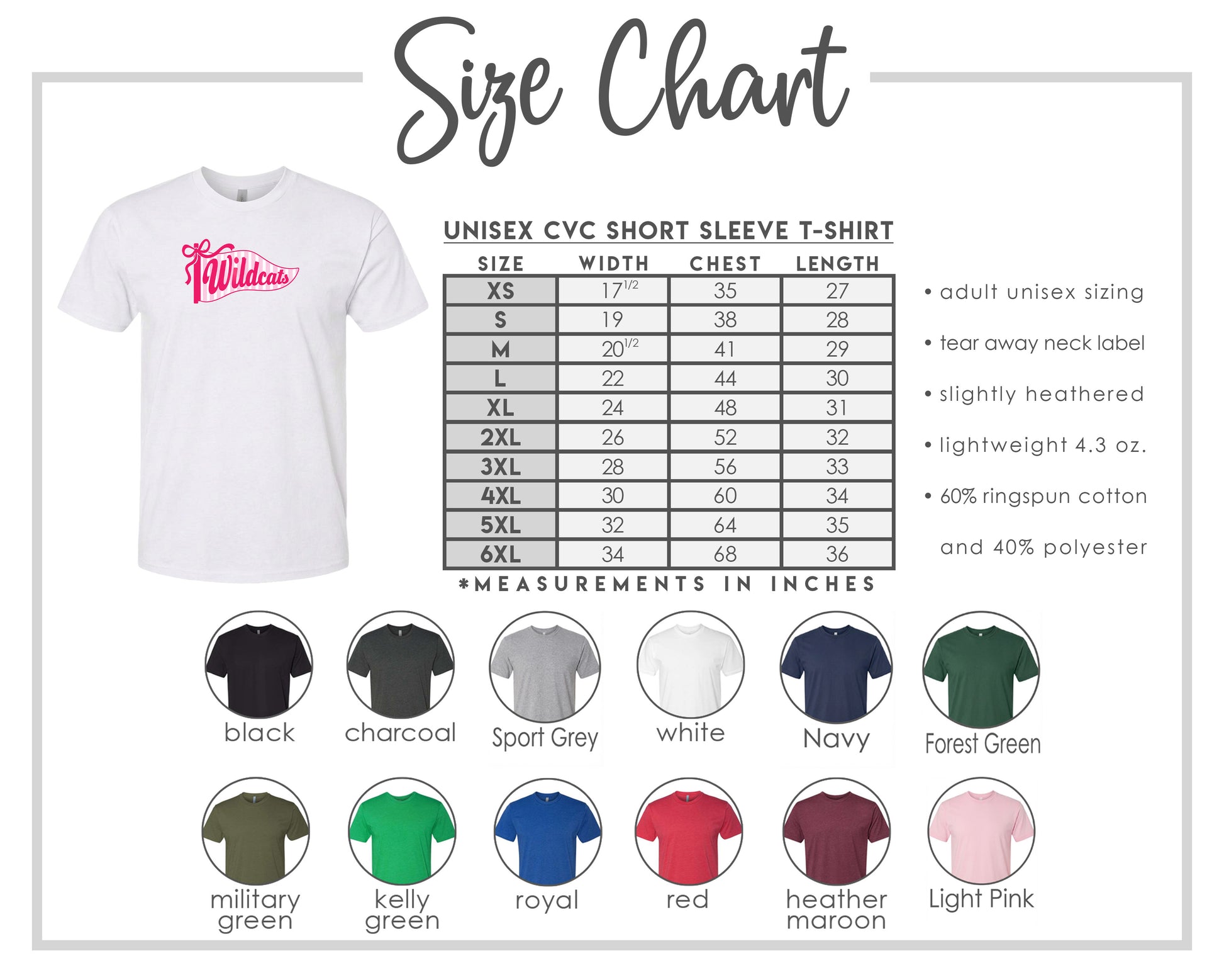 The image is a size chart for a white short sleeve t-shirt, including various color options and corresponding measurements in inches.