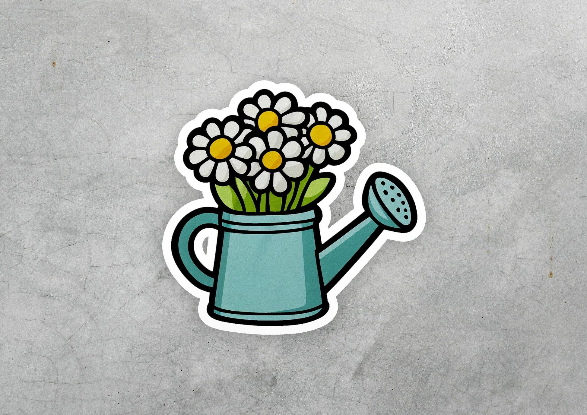 a sticker of a watering can with flowers in it