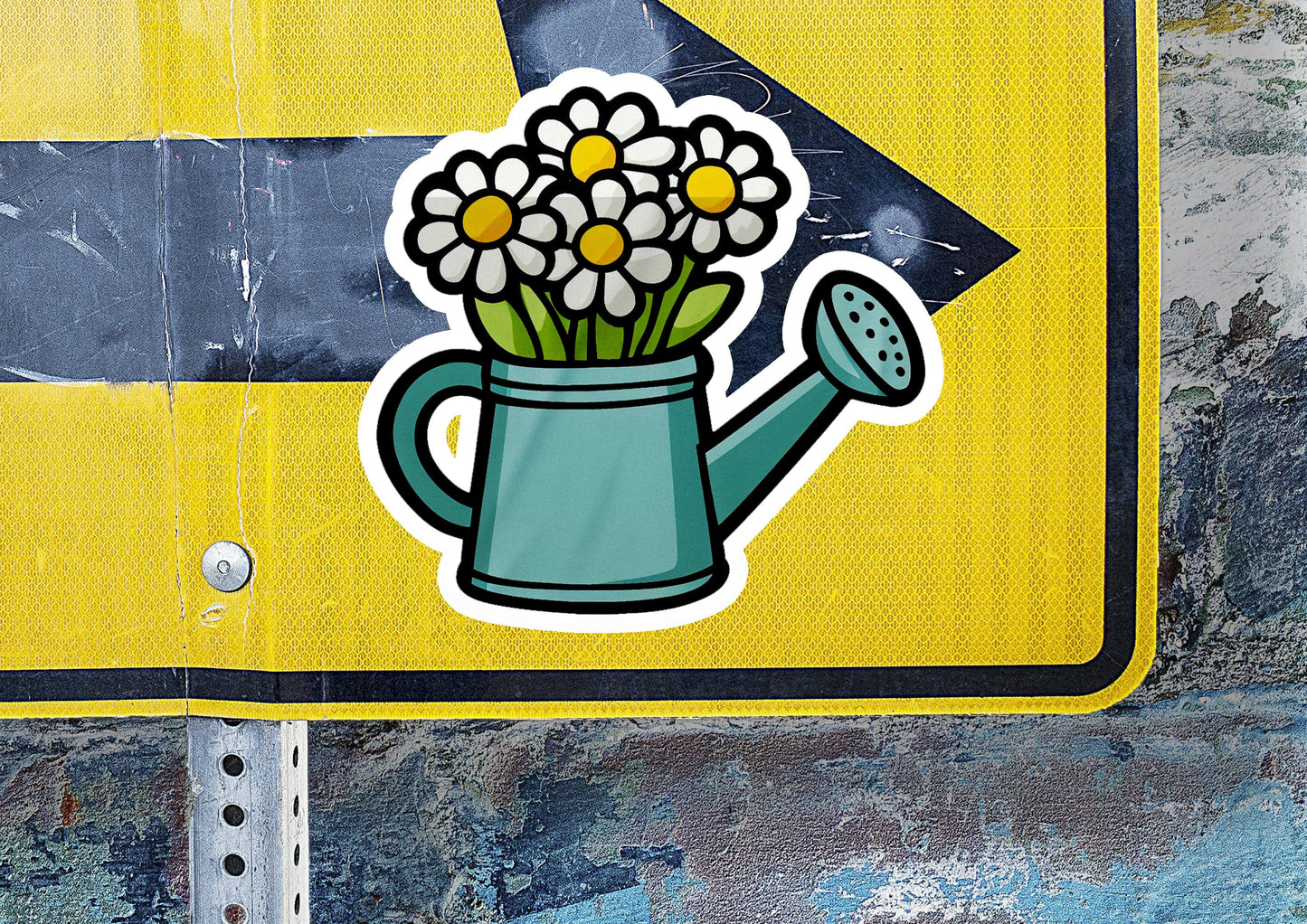 a sticker of a watering can with flowers