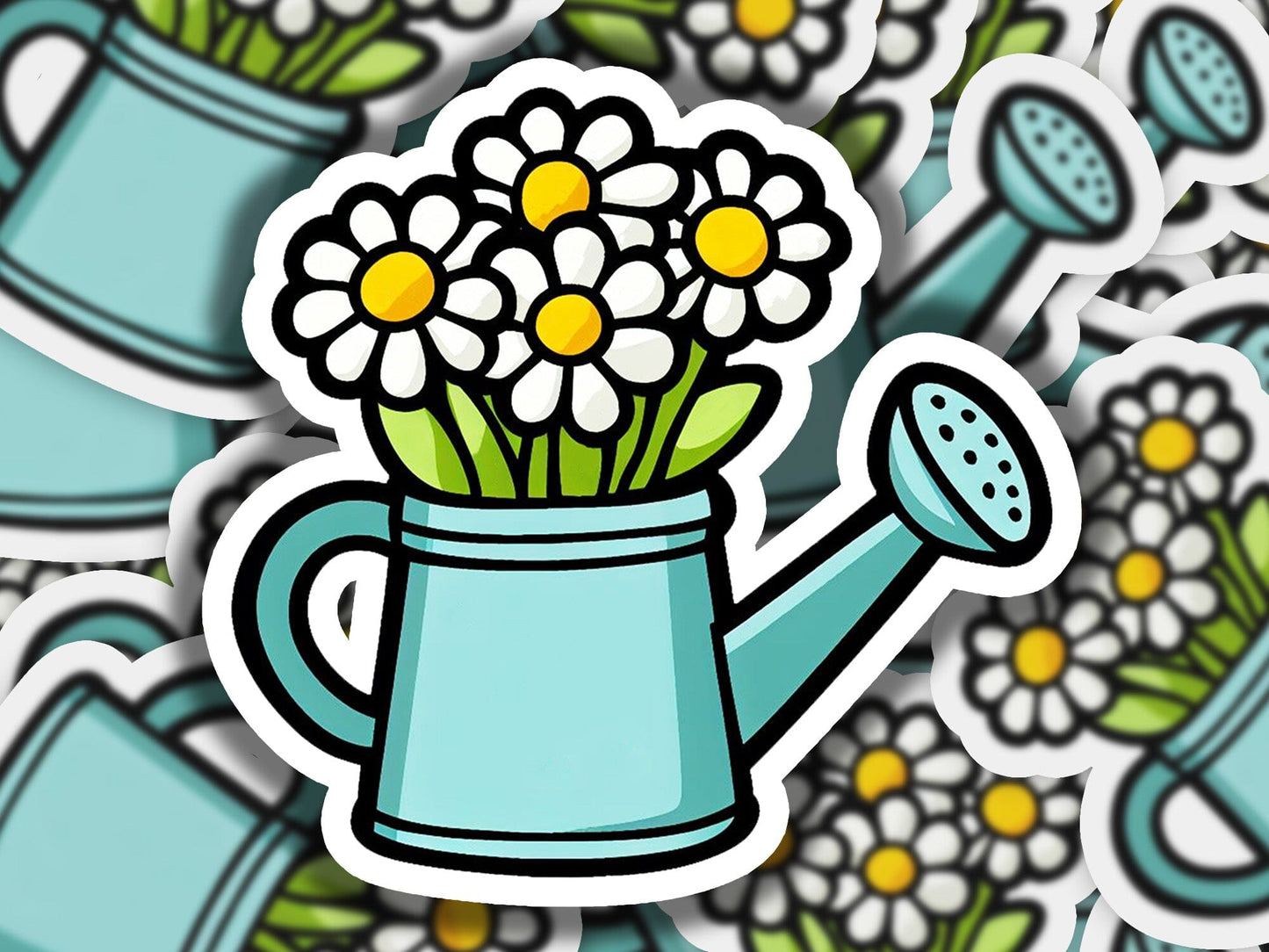 a sticker of a watering can with flowers in it