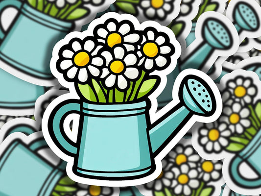 a sticker of a watering can with flowers in it