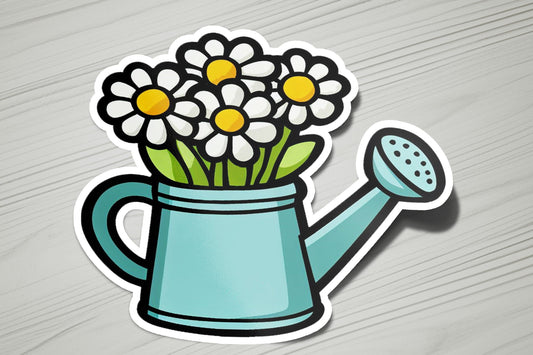 a sticker of a watering can with flowers in it