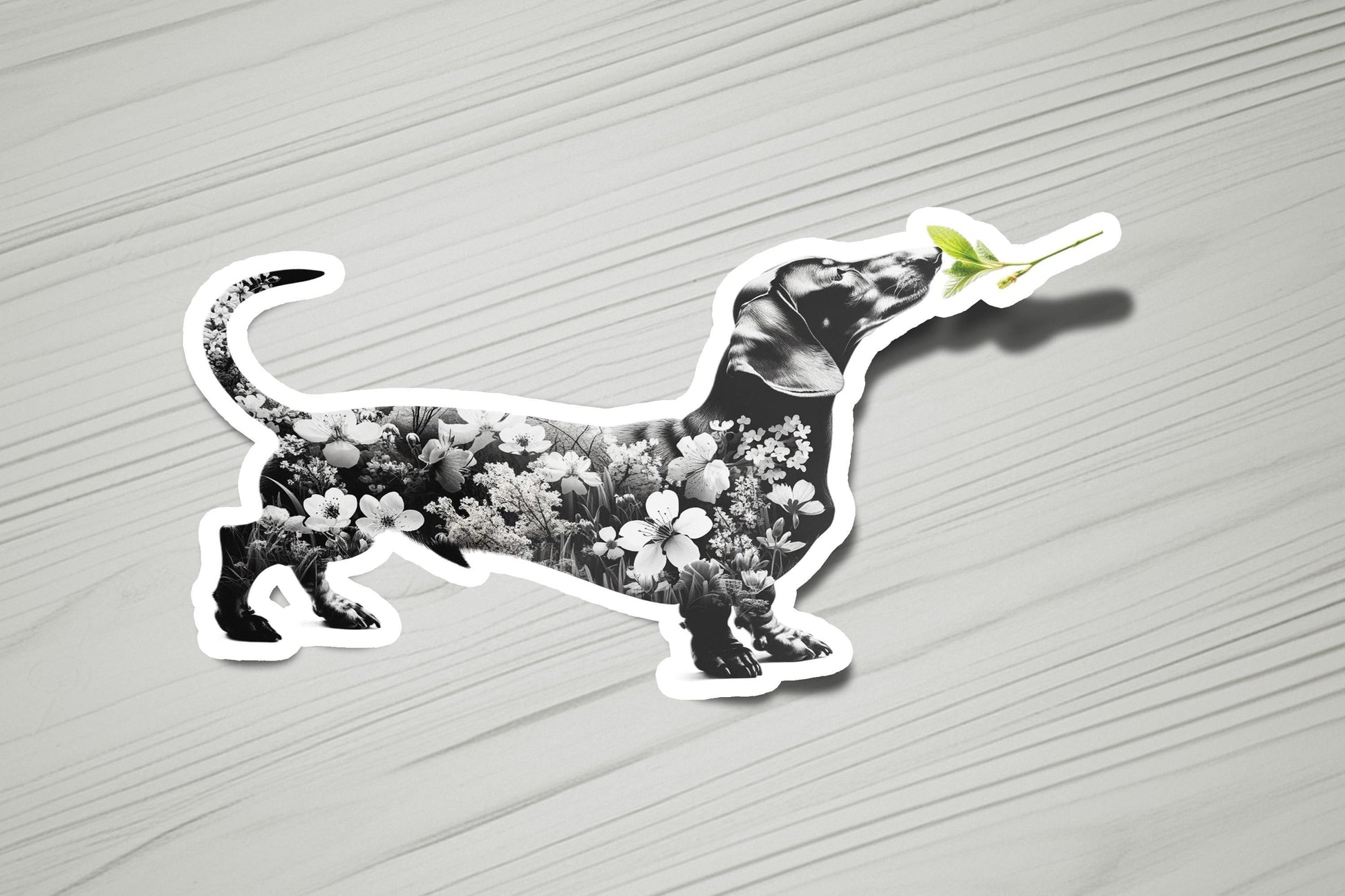a sticker of a dog with flowers on it
