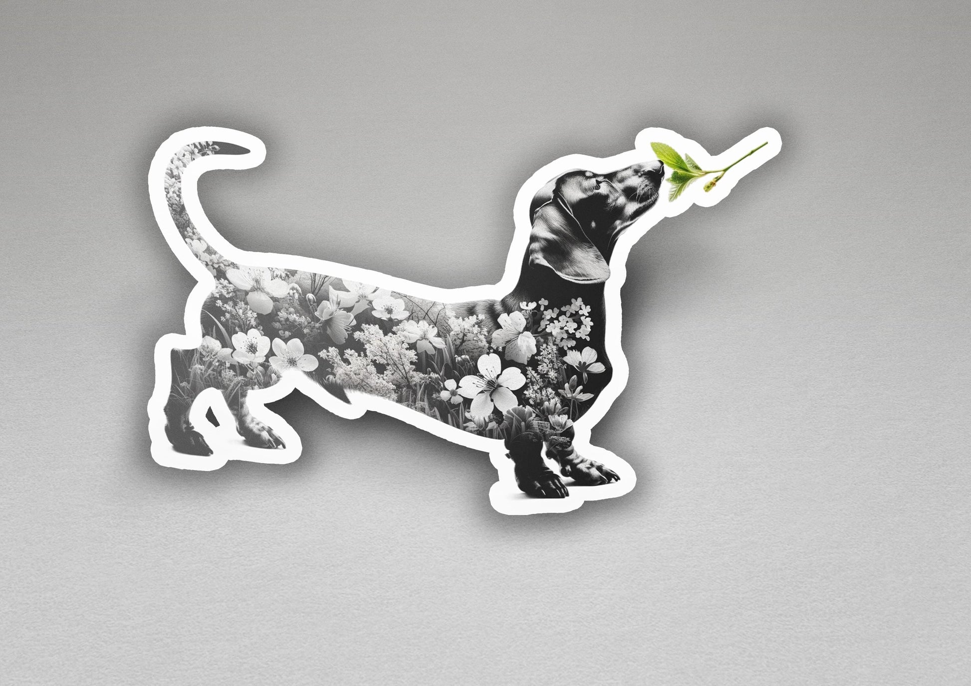 a sticker of a dog with flowers on it