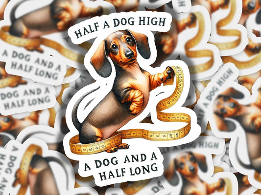 a sticker of a dog with a measuring tape around its neck