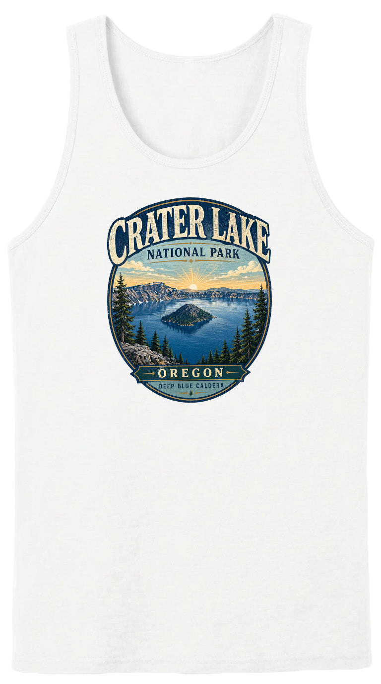 A white tank top with a graphic design depicting Crater Lake National Park in Oregon.