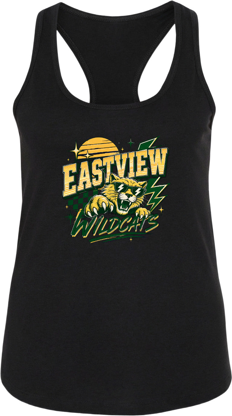 A black tank top with a graphic design featuring a cat and the text "EASTVIEW WILDCATS" printed on it.