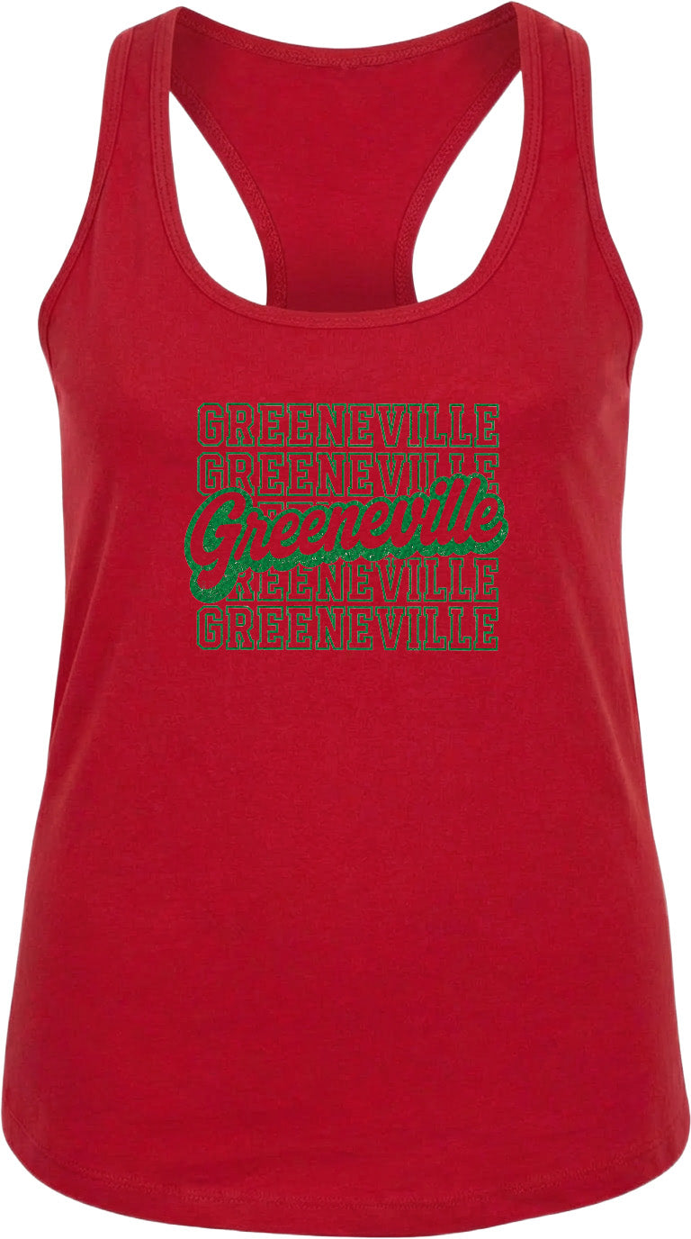 A red tank top with the text "Greenville" printed in green on it.