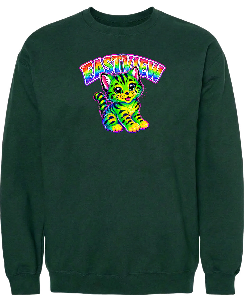 A green sweatshirt with a colorful graphic of a cat and the word "EASTVIEW" printed on it.
