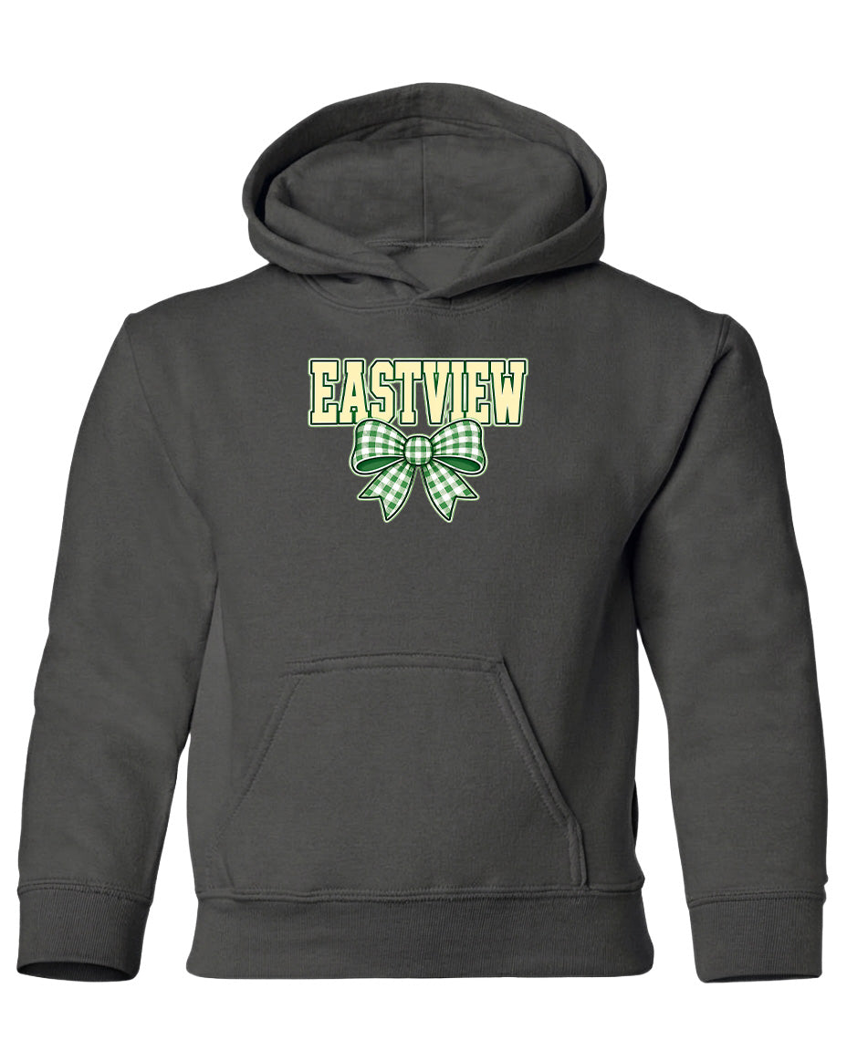 A gray hoodie with a green and white bow on the front.