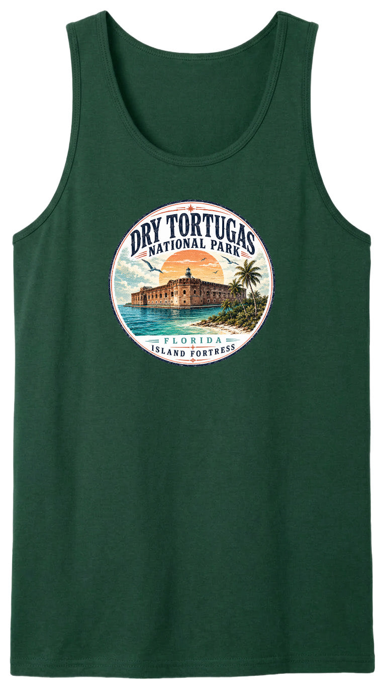 A green tank top with a circular graphic design featuring a building and palm trees, along with the text "Dry Tortugas National Park, Florida Island Fortresses".