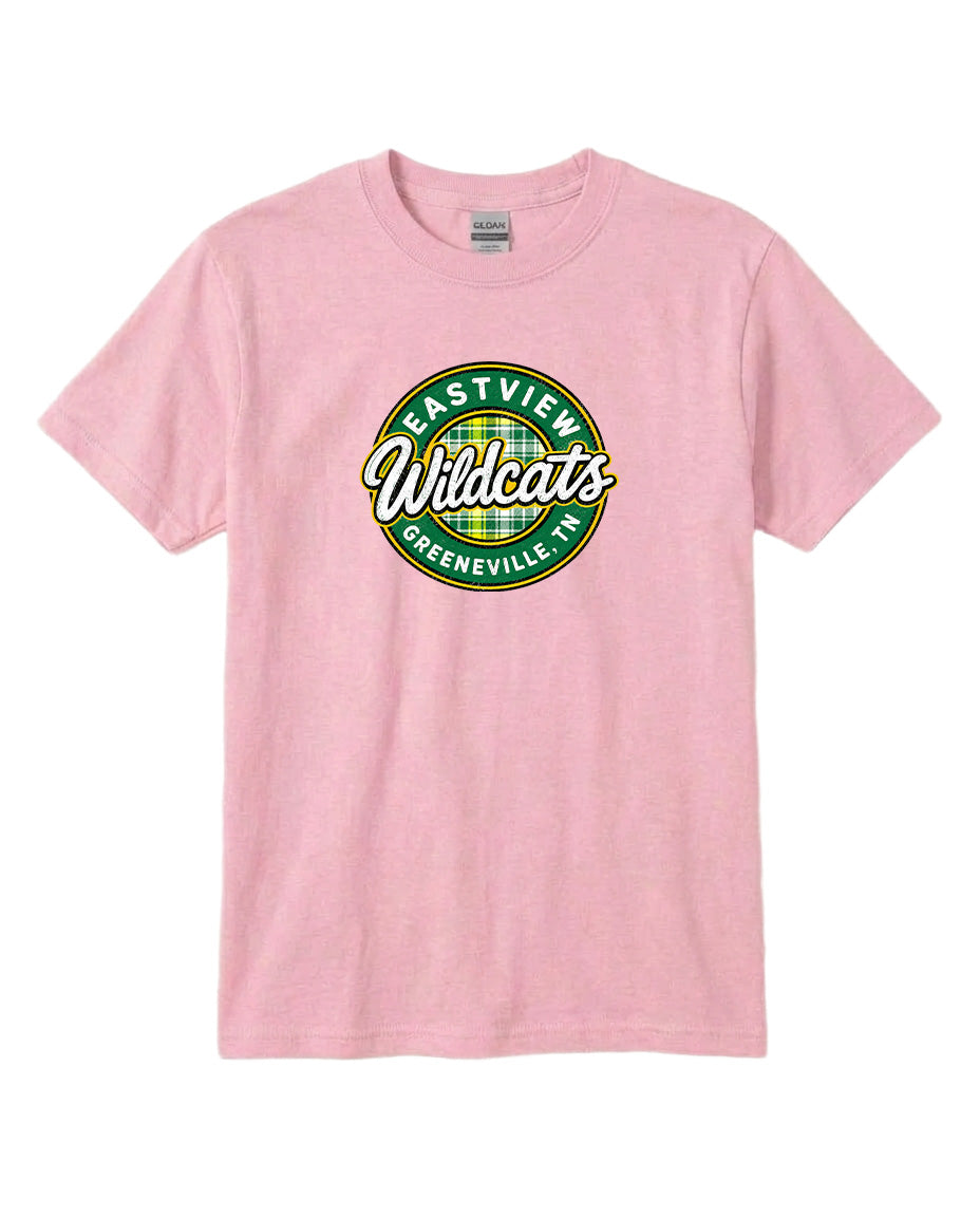 A pink t-shirt with a circular logo that says "Eastview Wildcats Greeneville, TN".