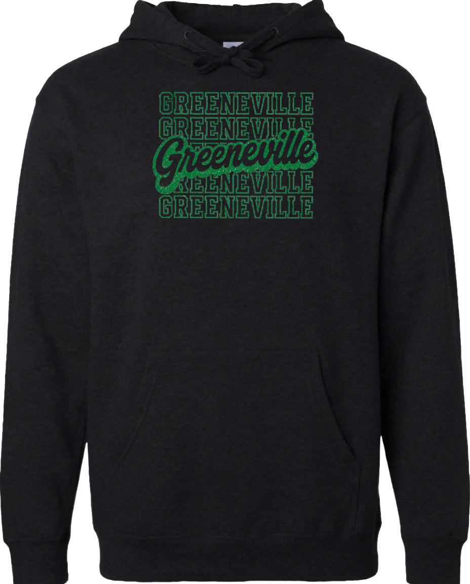 A black hoodie with the text "Greeneville" printed in green on the front.