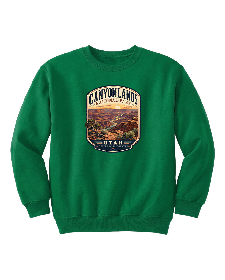 A green sweatshirt with a graphic design depicting the scenic landscape of Canyonlands National Park in Utah.