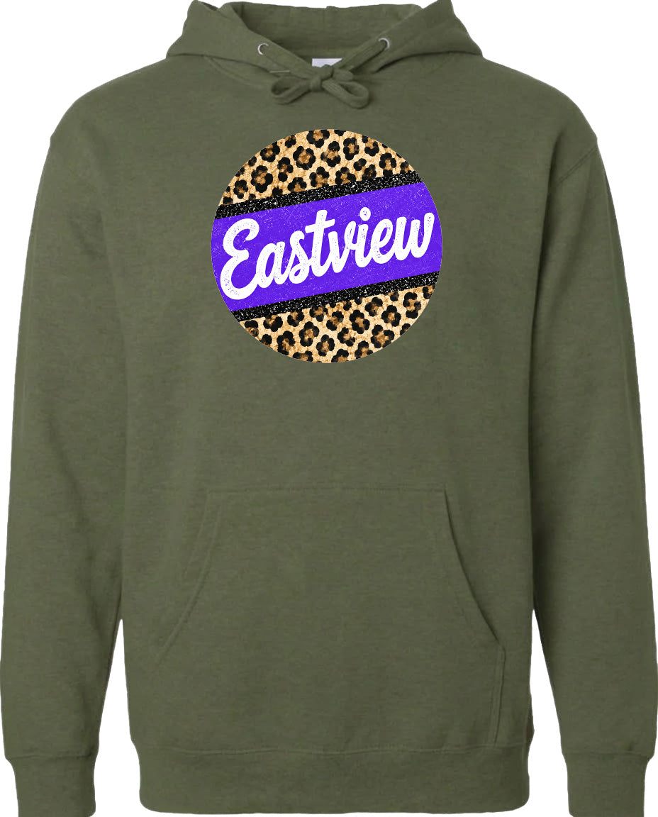 A green hoodie with a large circular logo on the front. The logo features a leopard print design with a purple border and the word "Eastview" written in white cursive text.