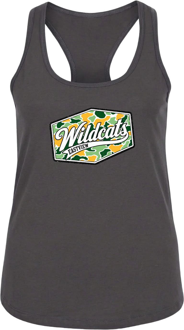A gray tank top with a graphic design featuring the text "Wildcats EASTYPE" and a camouflage pattern.