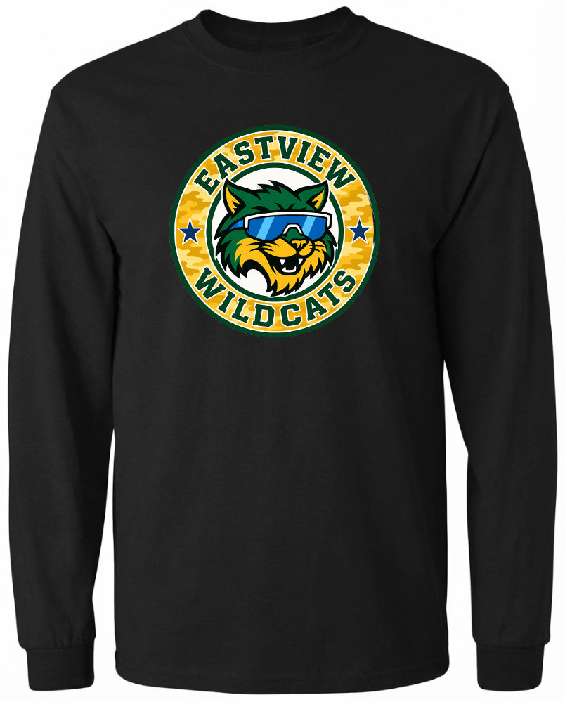 A black long-sleeved shirt with a graphic design featuring a cartoon-style cat wearing sunglasses and surrounded by a circular emblem with the text "EASTVIEW WILDCATS".