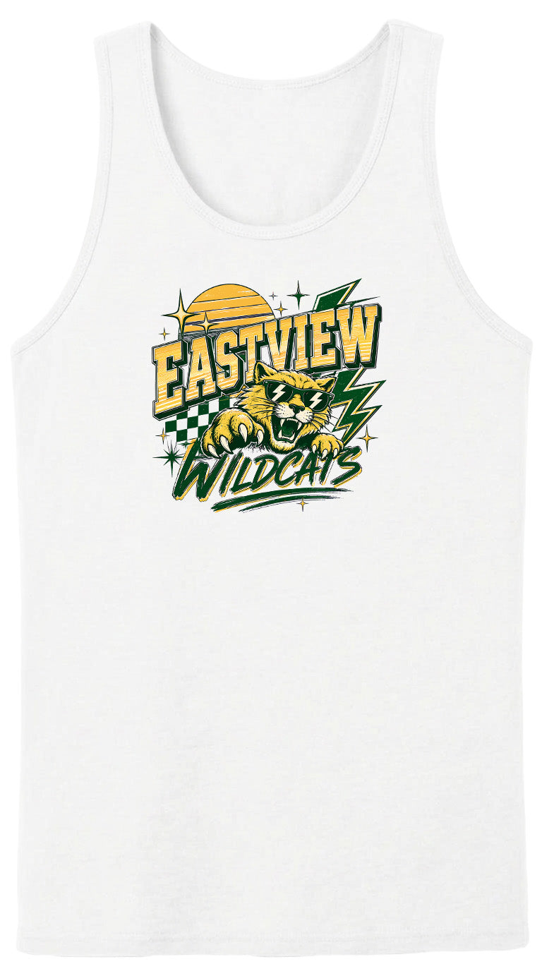A white tank top with a graphic design featuring a yellow sun and green lightning bolts, along with the text "EASTVIEW WILDCATS".