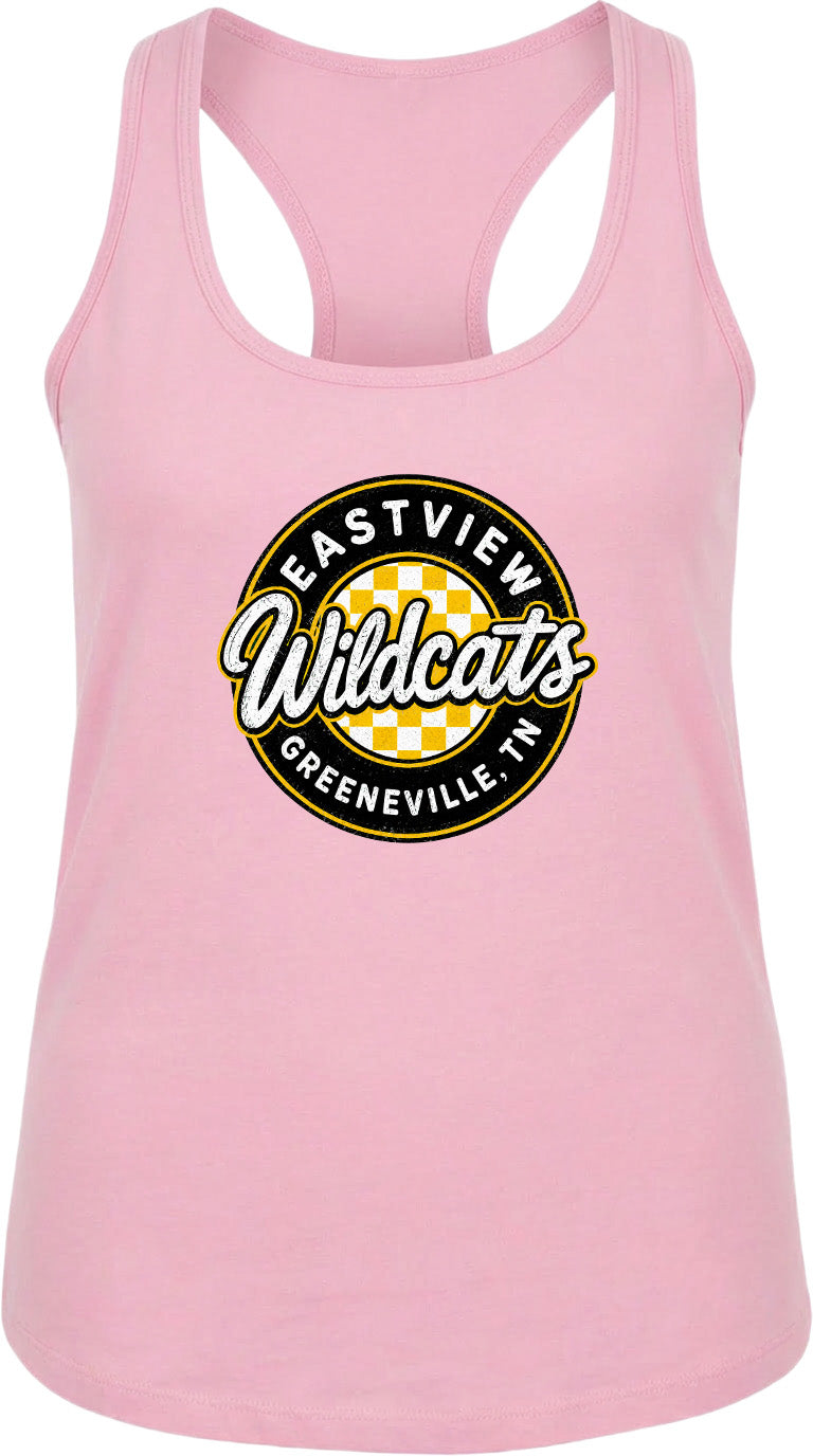 A pink tank top with a logo that says "EASTVIEW Wildcats Greeneville, TN".