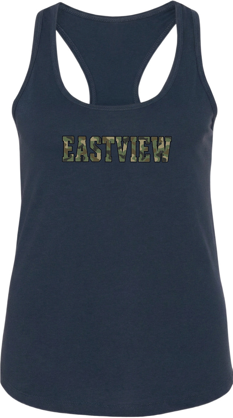 A navy blue tank top with the word "EASTVIEW" printed on it in a camouflage pattern.