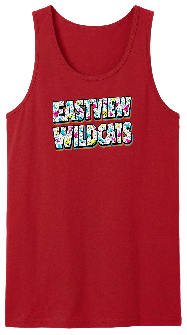 A red tank top with the text "EASTVIEW WILDCATS" printed on it.