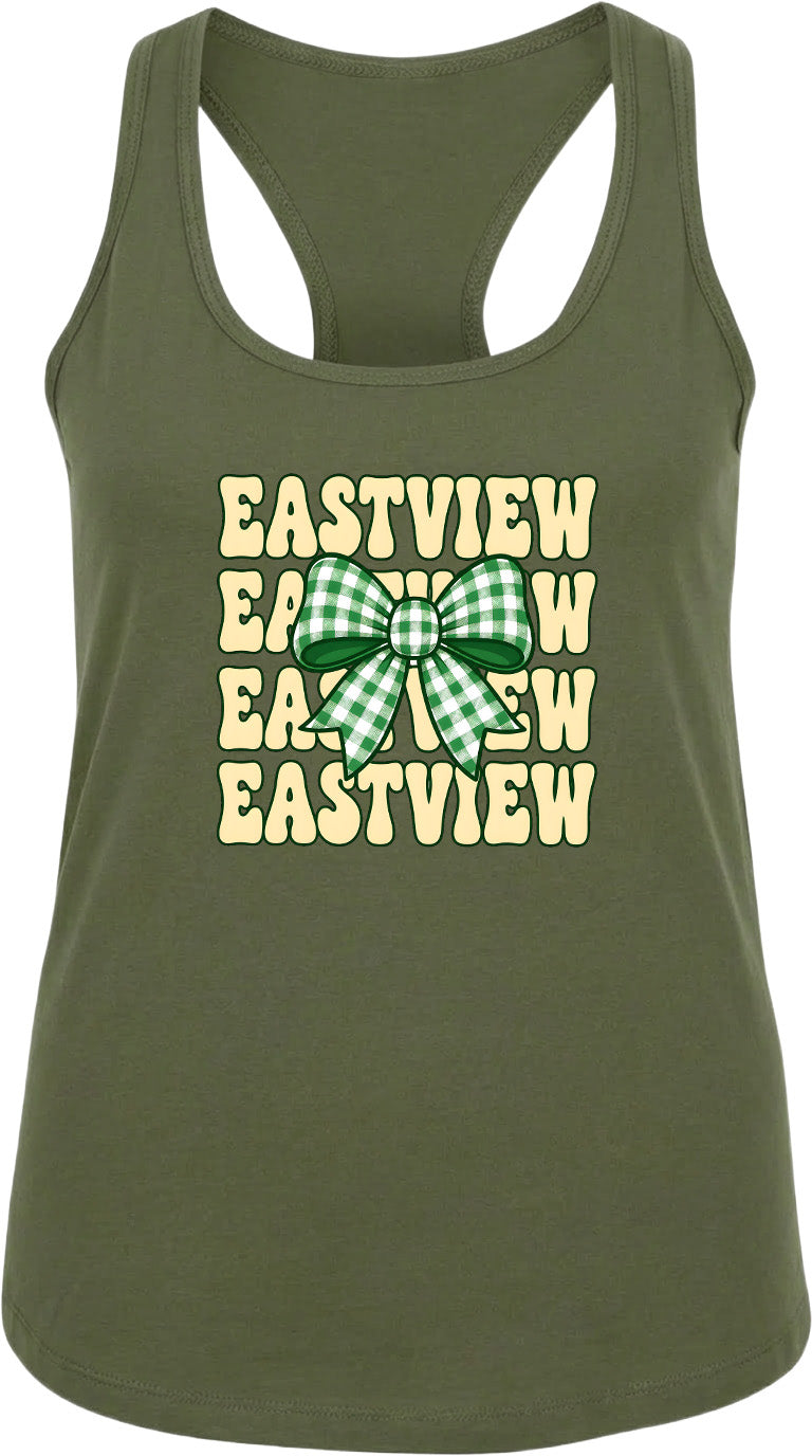 A green tank top with a bow and the text "EASTVIEW" repeated in a vertical pattern.