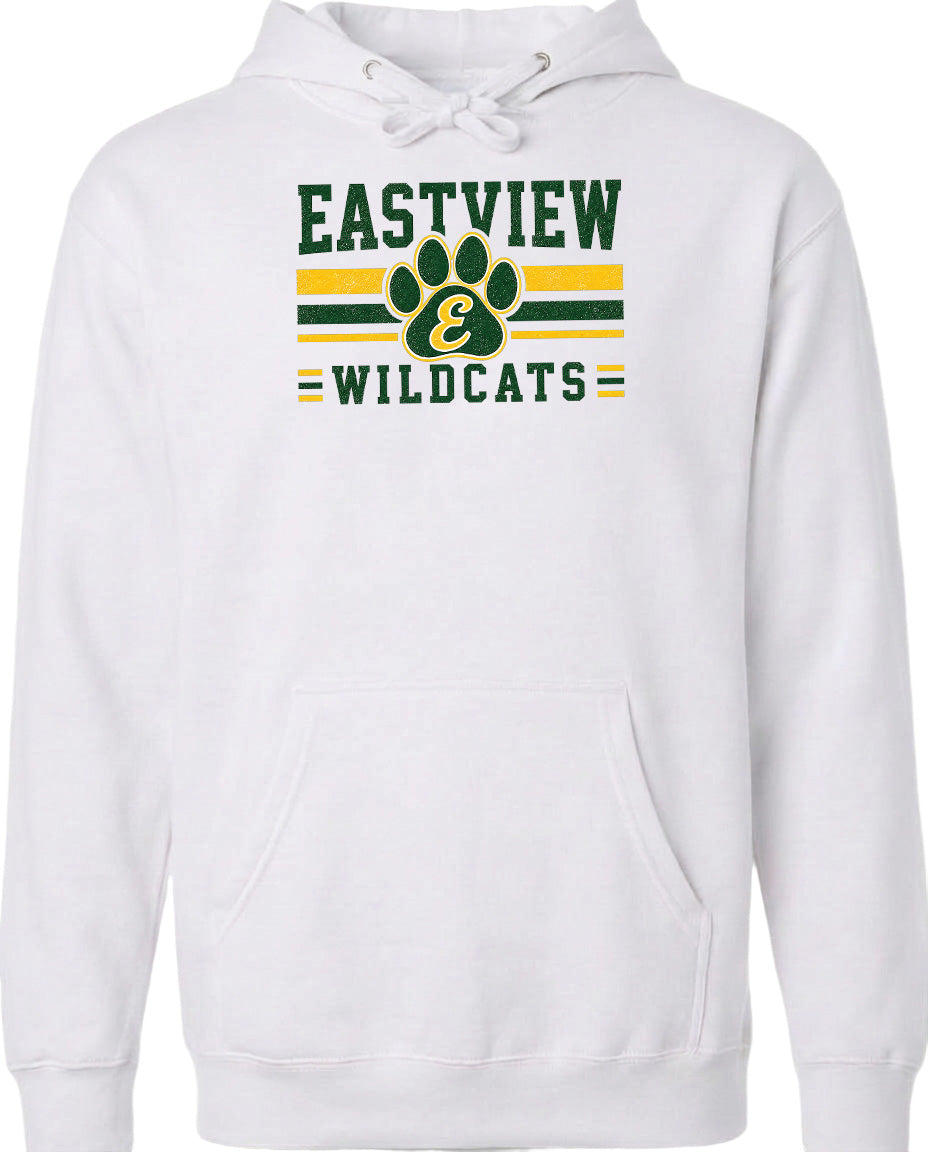 A white hoodie with a graphic design featuring the text "EASTVIEW WILDCATS" and a paw print symbol.