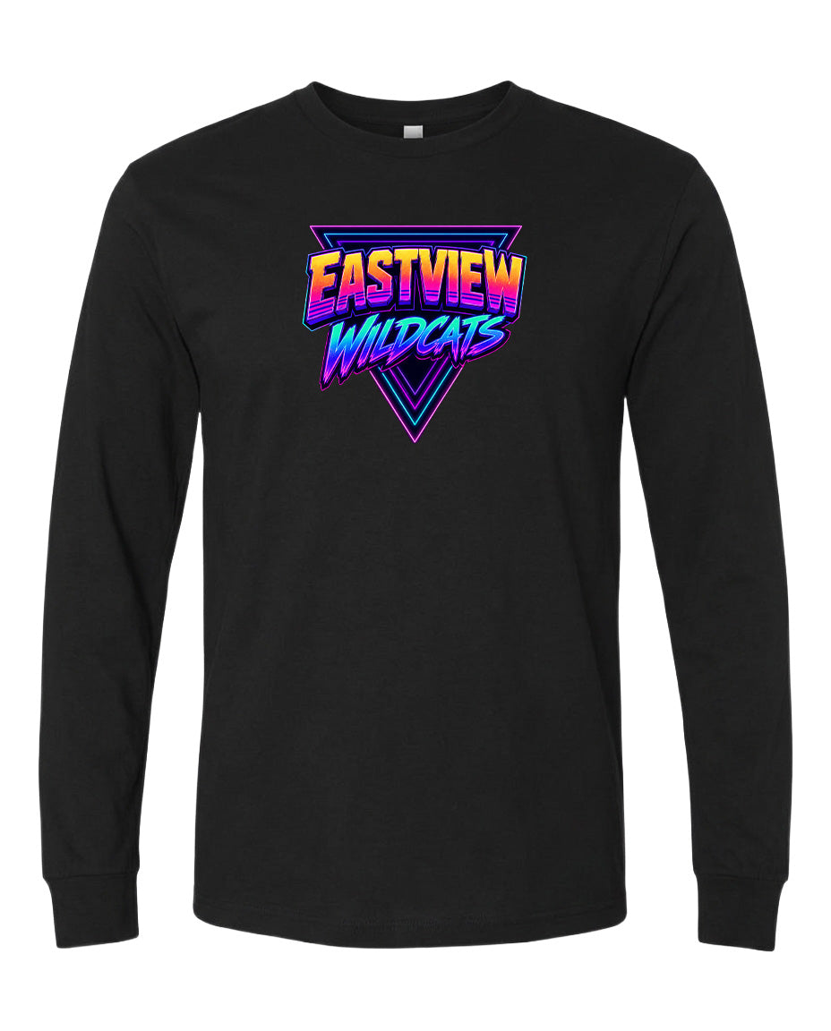 A black long-sleeved t-shirt with a colorful graphic design featuring the text "EASTVIEW WILDCATS" in a stylized font.