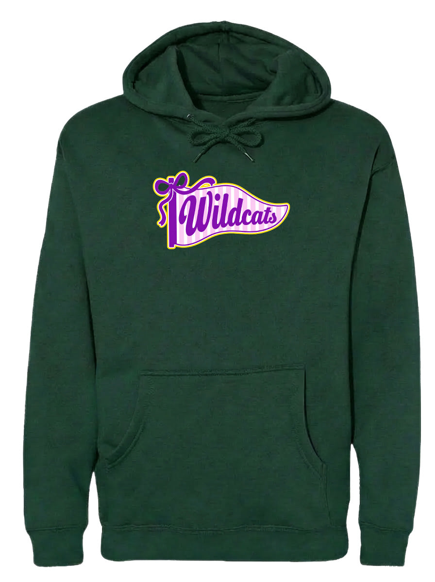 A green hoodie with a purple and yellow graphic on the front, featuring the text "Wildcats".
