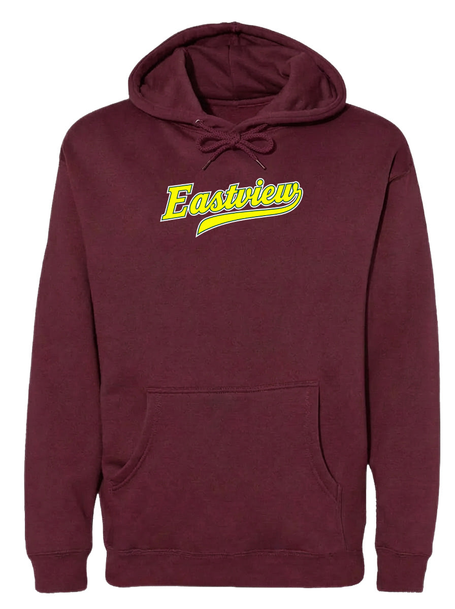 A burgundy-colored hooded sweatshirt with the word "Eastview" printed in yellow on the front.