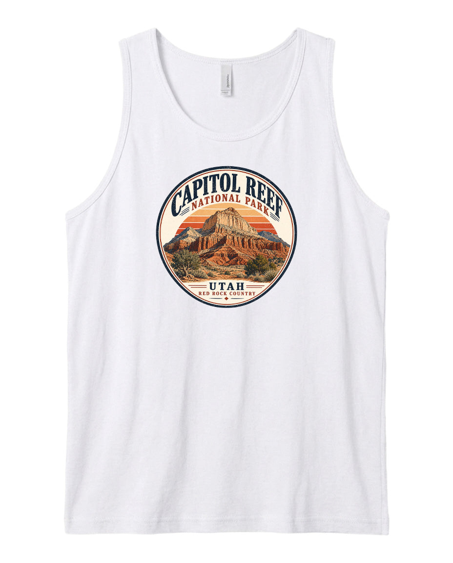 A white tank top with a circular graphic design featuring the Capitol Reef National Park in Utah.