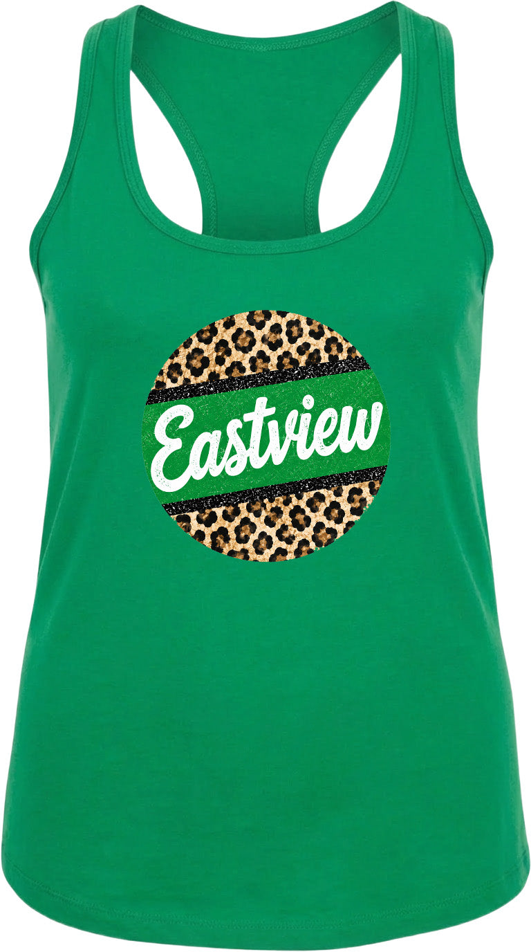A green tank top with a leopard print design and the word "Eastview" printed on it.